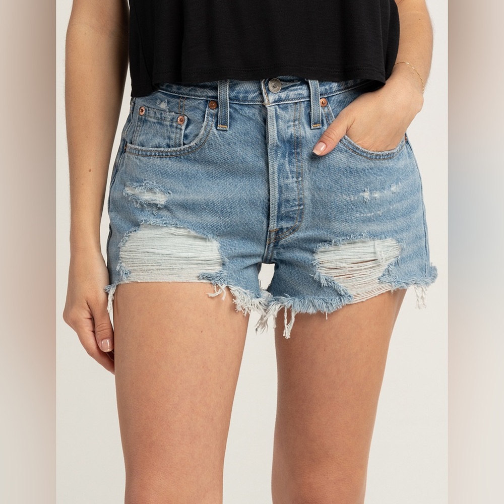 Levi's Blue Distressed 501 Button Fly Jean Cut Off Shorts Size 27